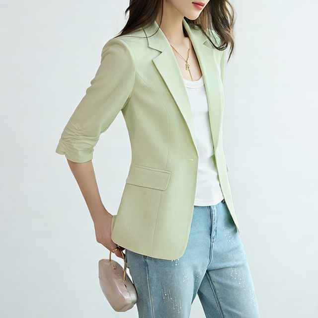 Skyheart-Elbow-Sleeve Plain Shirred One-Buttoned Blazer
