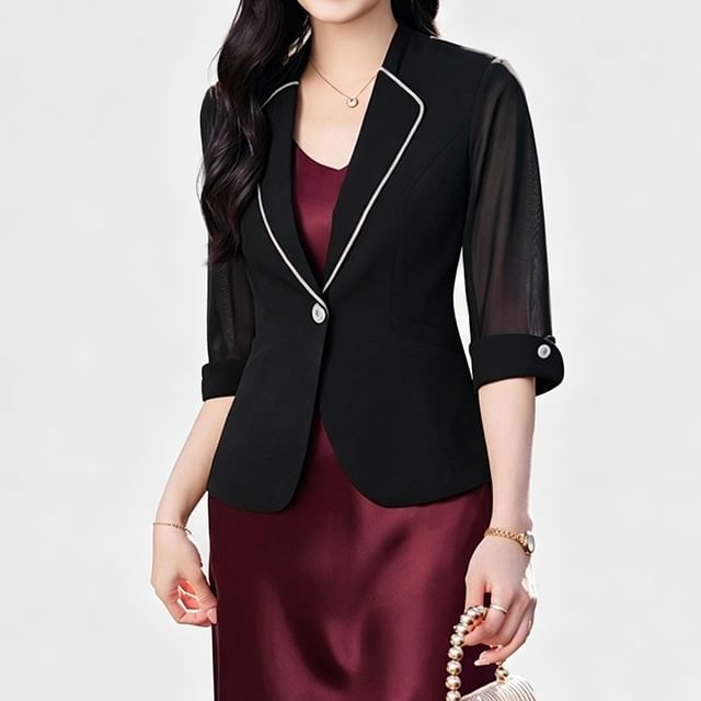 Skyheart-Elbow-Sleeve Sheer Panel One Buttoned Blazer