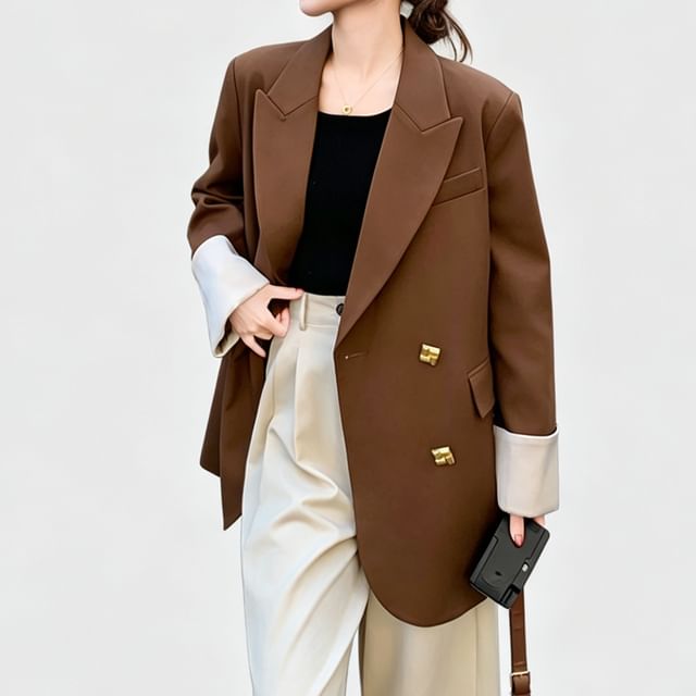 Skyheart-Lapel Collar Plain Double Breasted Blazer