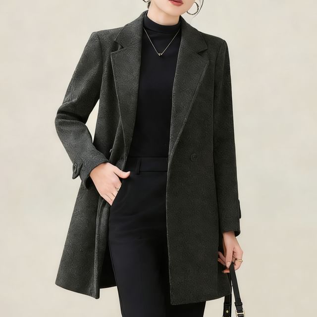 Skyheart-Lapel Collar Plain Double Breasted Coat
