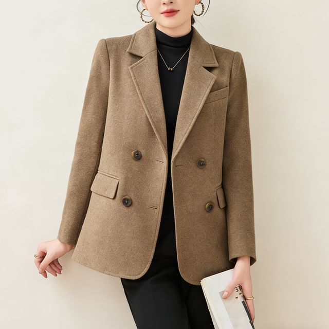 Skyheart-Lapel Collar Plain Double Button Blazer