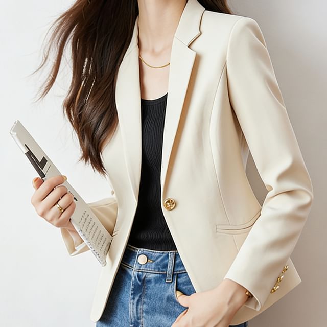 Skyheart-Lapel Collar Plain Single Button Blazer