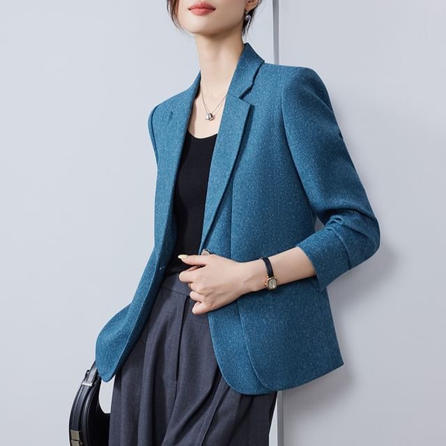 Skyheart-Lapel Collar Plain Single Button Blazer