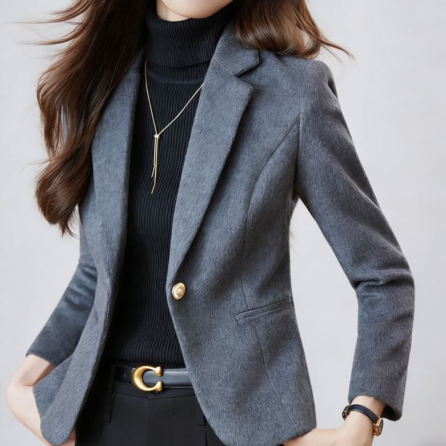 Skyheart-Lapel Collar Plain Single Button Blazer