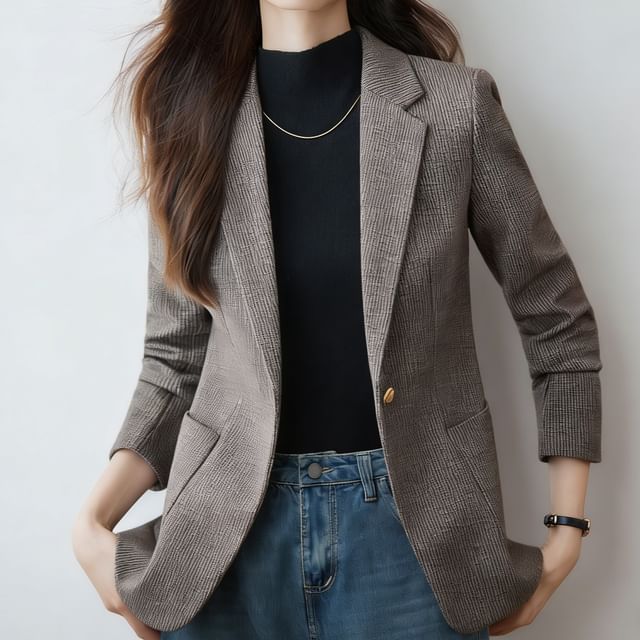 Skyheart-Lapel Collar Plain Single Button Blazer