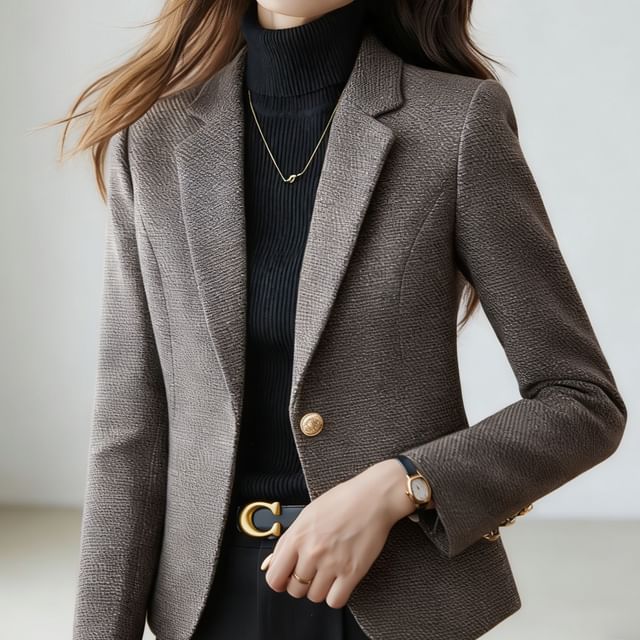 Skyheart-Lapel Collar Plain Tweed Single Button Blazer