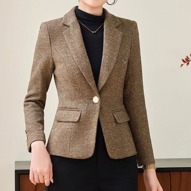 Skyheart-Lapel Collar Tweed Single Button Blazer