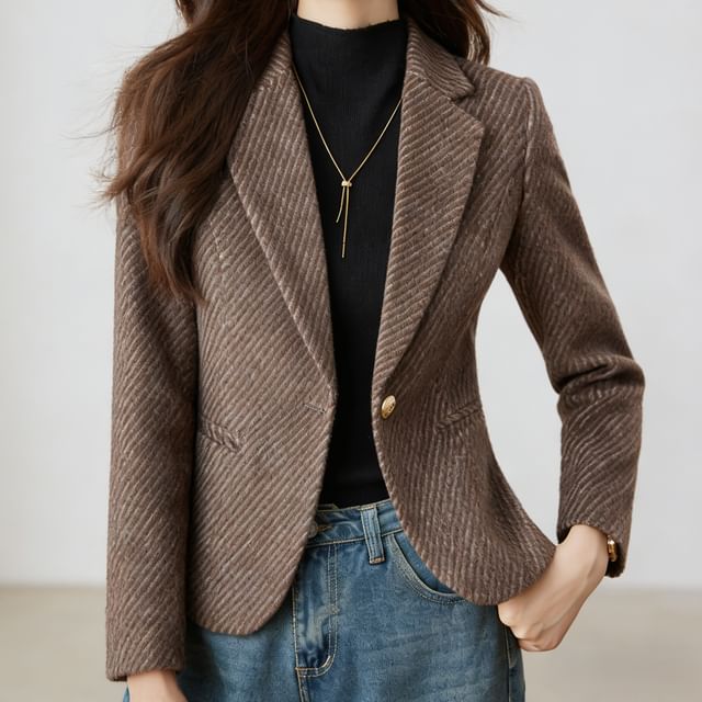 Skyheart-Lapel Collar Tweed Single Button Blazer