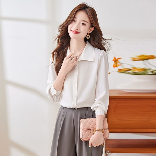 Skyheart-Long-Sleeve Collared Button-Up Plain Blouse