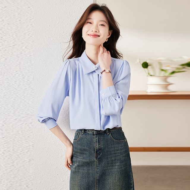 Skyheart-Long-Sleeve Collared Button-Up Plain Satin Blouse