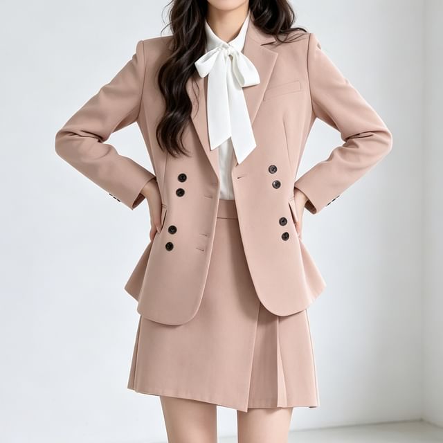 Skyheart-Long-Sleeve Collared Plain Bow Blouse Notch Lapel Double-Breasted Blazer High Waist Pleated Mini A-Line Skirt Set