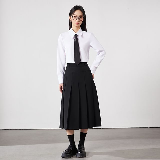Skyheart-Long Sleeve Collared Plain Concealed Button Shirt High Waist Plain Pleated Midi A-Line Skirt