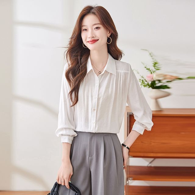 Skyheart-Long-Sleeve Collared Ruched Button-Up Plain Satin Blouse