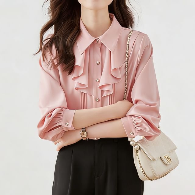 Skyheart-Long-Sleeve Collared Ruffle Panel Button-Up Plain Satin Blouse