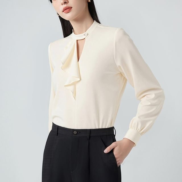 Skyheart-Long-Sleeve Ruffle Plain Blouse