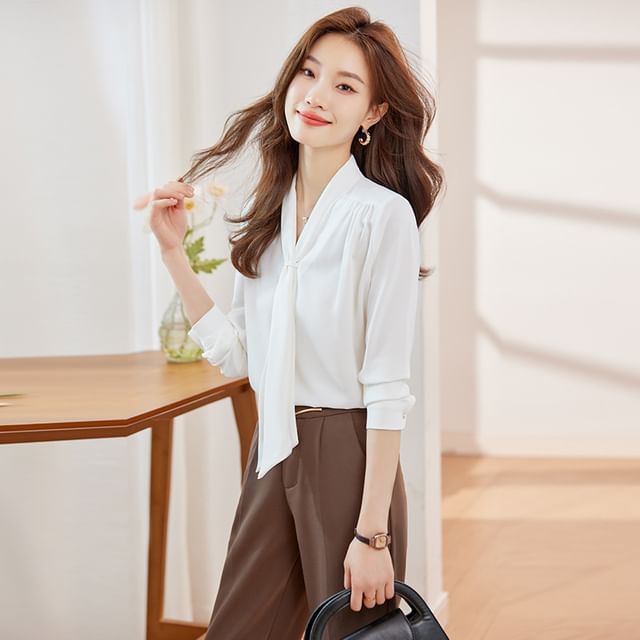 Skyheart-Long-Sleeve Scarf Neck Plain Satin Blouse