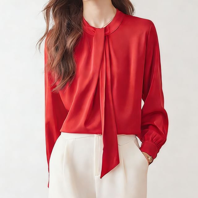 Skyheart-Long-Sleeve Stand Collar Plain Blouse