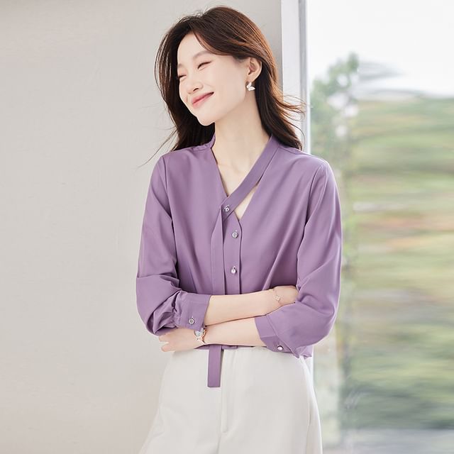 Skyheart-Long-Sleeve V-Neck Button-Up Plain Satin Blouse