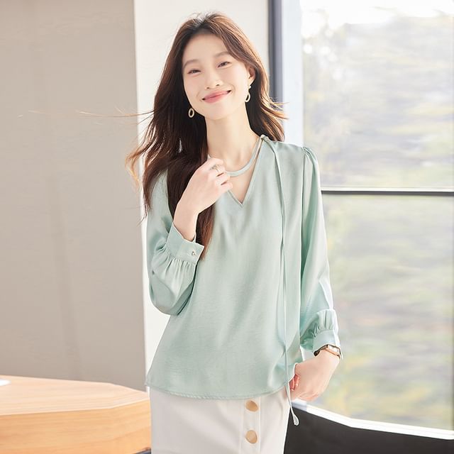 Skyheart-Long-Sleeve V-Neck Plain Satin Blouse