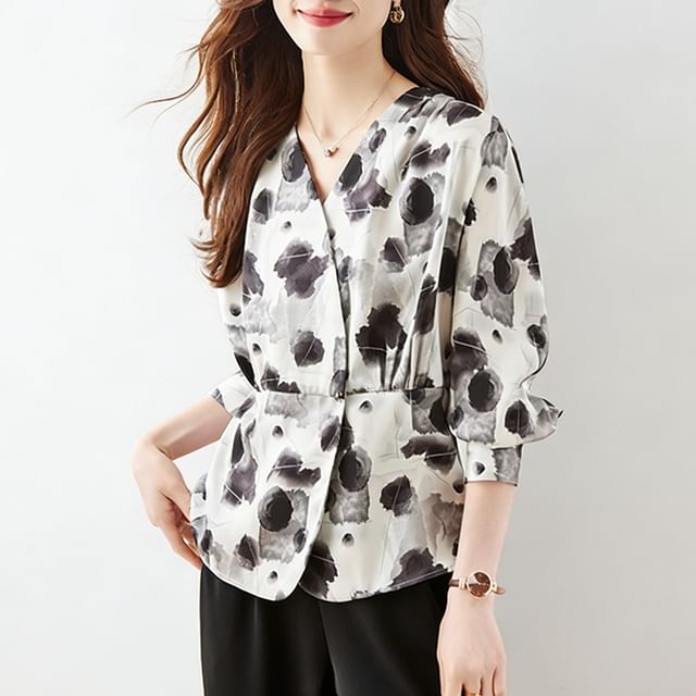 Skyheart-Long-Sleeve V-Neck Tie Dye One-Buttoned Blouse