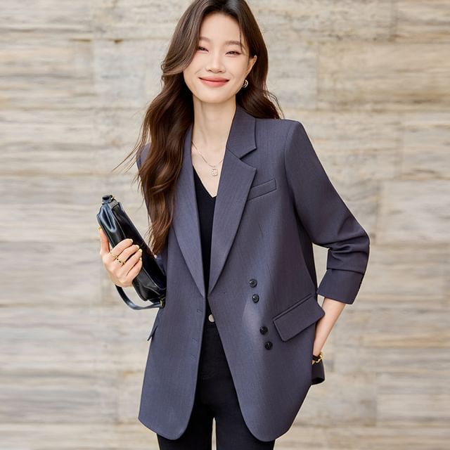 Skyheart-Notch Lapel Button-Up Plain Blazer