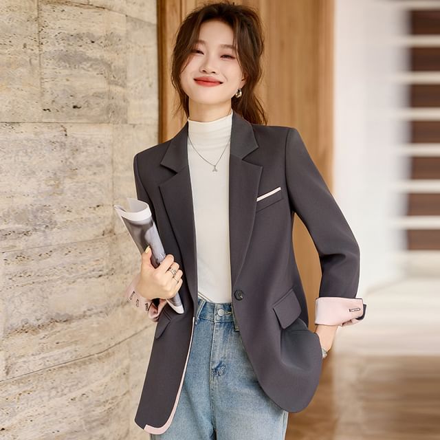 Skyheart-Notch Lapel Contrast Trim One-Buttoned Blazer