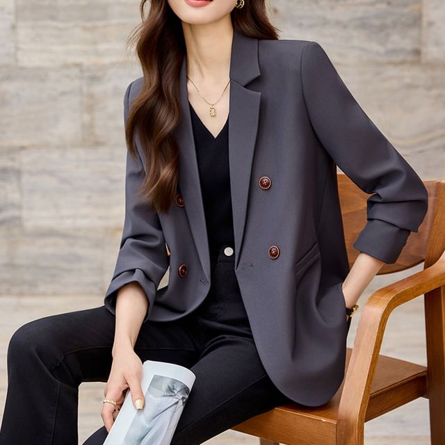 Skyheart-Notch Lapel Double-Breasted Plain Blazer