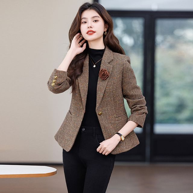 Skyheart-Notch Lapel Herringbone One-Buttoned Blazer