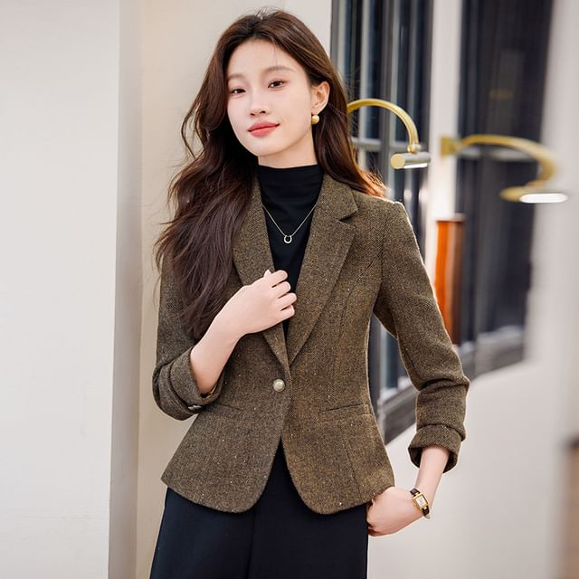 Skyheart-Notch Lapel Herringbone Sequin One-Buttoned Blazer