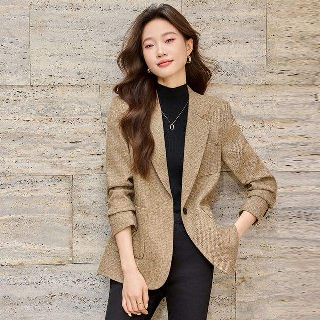 Skyheart-Notch Lapel Melange One-Buttoned Blazer