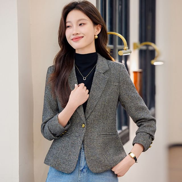 Skyheart-Notch Lapel Melange One-Buttoned Blazer