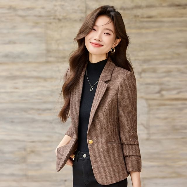 Skyheart-Notch Lapel Melange One-Buttoned Blazer