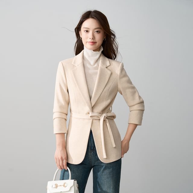 Skyheart-Notch Lapel Melange Single Breasted Belted Blazer