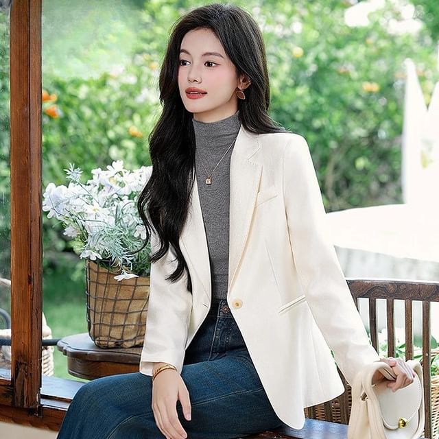 Skyheart-Notch Lapel One-Buttoned Plain Blazer