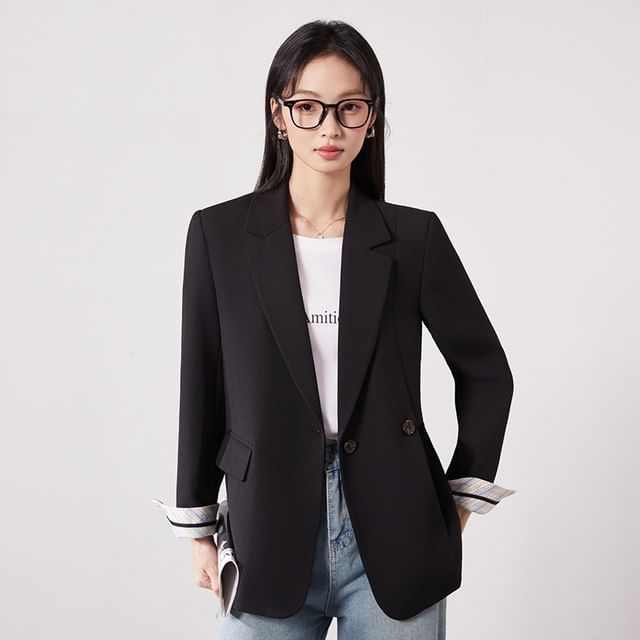 Skyheart-Notch Lapel Plain Panel Double Breasted Blazer