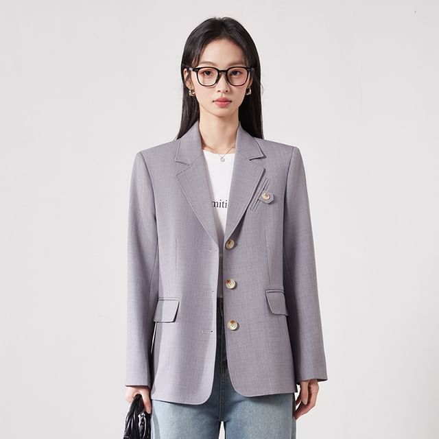 Skyheart-Notch Lapel Plain Single Breasted Blazer