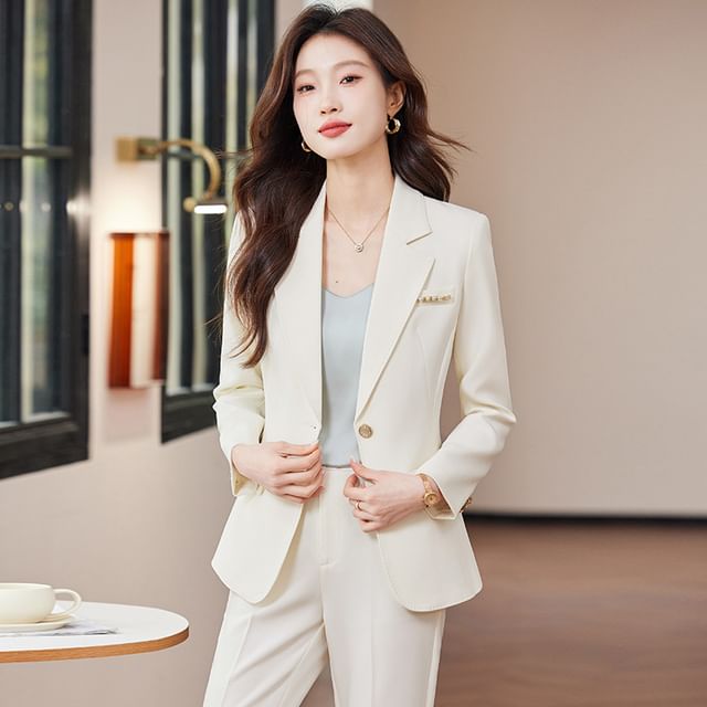 Skyheart-Notch Lapel Plain Single-Button Blazer High Waist Bootcut Slacks Set