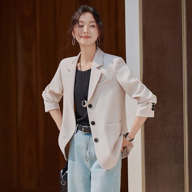 Skyheart-Notch Lapel Single-Breasted Plain Blazer