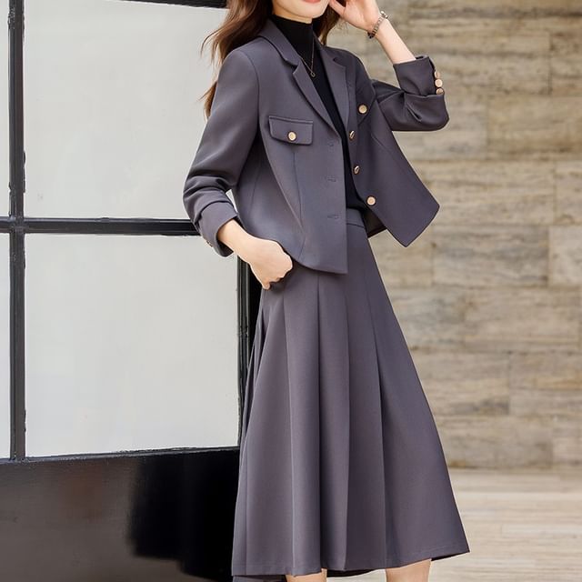 Skyheart-Notch Lapel Single-Breasted Plain Blazer High Waist Pleated Midi A-Line Skirt Set