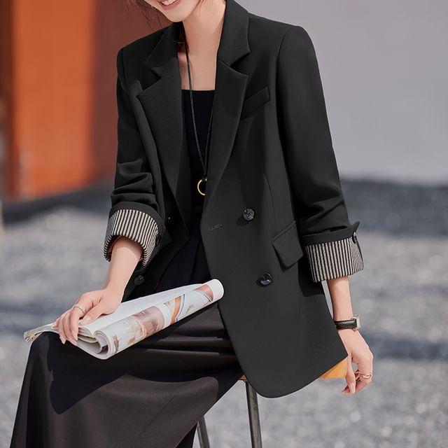 Skyheart-Notch Lapel Striped Panel Double-Breasted Blazer