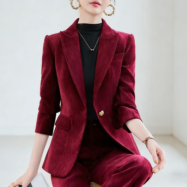 Skyheart-One Buttoned Plain Blazer Straight Leg Dress Pants Set