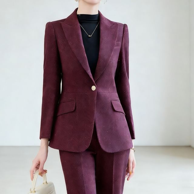 Skyheart-One Buttoned Plain Blazer Straight Leg Dress Pants Set