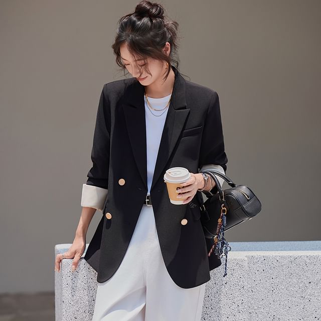 Skyheart-Peak Lapel Contrast Cuff Double-Breasted Blazer