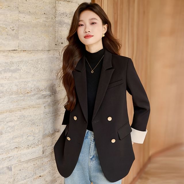 Skyheart-Peak Lapel Contrast Cuff Double-Breasted Blazer