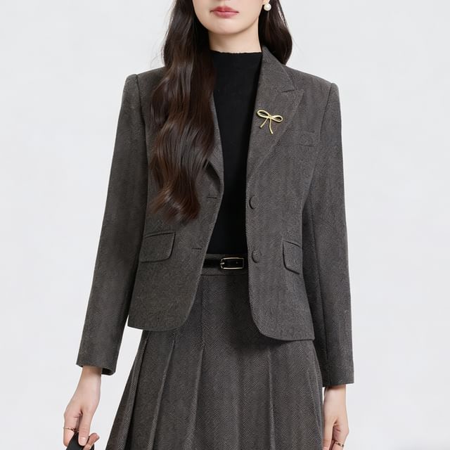Skyheart-Peak Lapel Herringbone Single-Breasted Blazer High Waist Pleated Midi A-Line Skirt Set