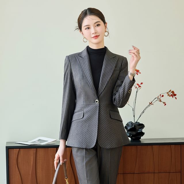 Skyheart-Peak Lapel Pinstriped Single Breasted Blazer High Waist Flared Suit Pants Set