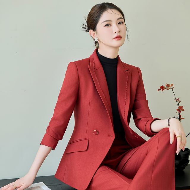 Skyheart-Peak Lapel Plain Double Breasted Blazer High Waist Flared Dress Pants Set