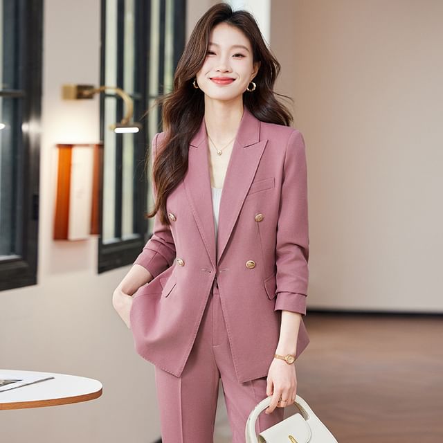 Skyheart-Peak Lapel Plain Sashed Double-Breasted Blazer High Rise Bootcut Suit Pants Set
