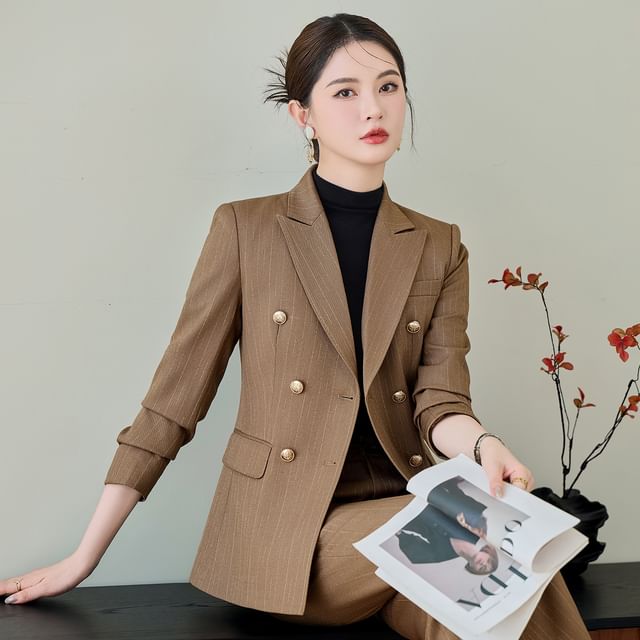 Skyheart-Peak Lapel Plain Textured Double Breasted Blazer High Rise Flared Dress Pants Set