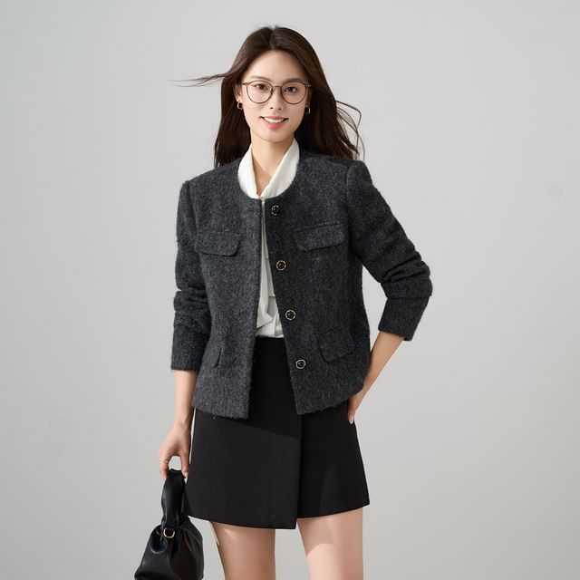Skyheart-Round Neck Melange Faux Pearl Button Jacket